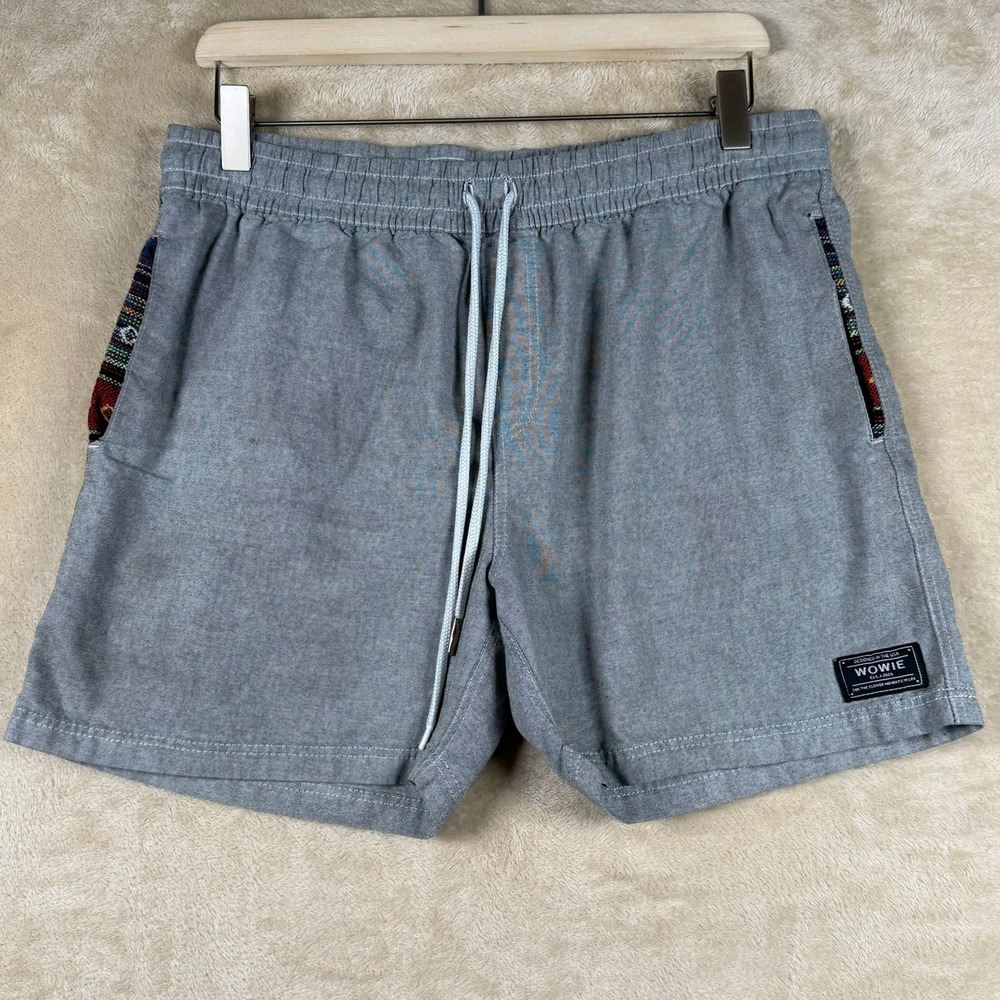 WOWIE Shorts Mens Medium Gray 5" Elastic Waist Drawstring Pocket Aztec Trim